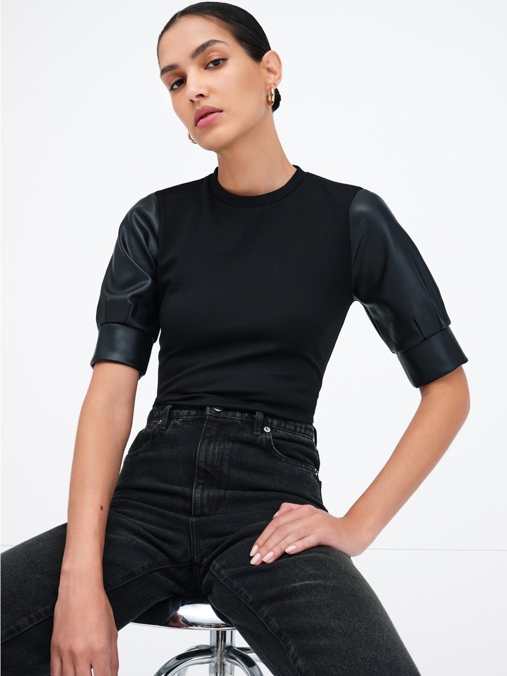 Marcella Trove Top - Black Short-Sleeve Top with Faux Leather Sleeves